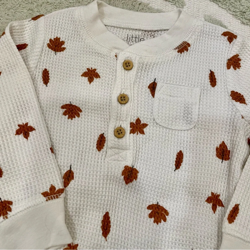 NWT Carter’s Little Planet Thermal Leaf Henley Shirt + Pants Set in White - 9m